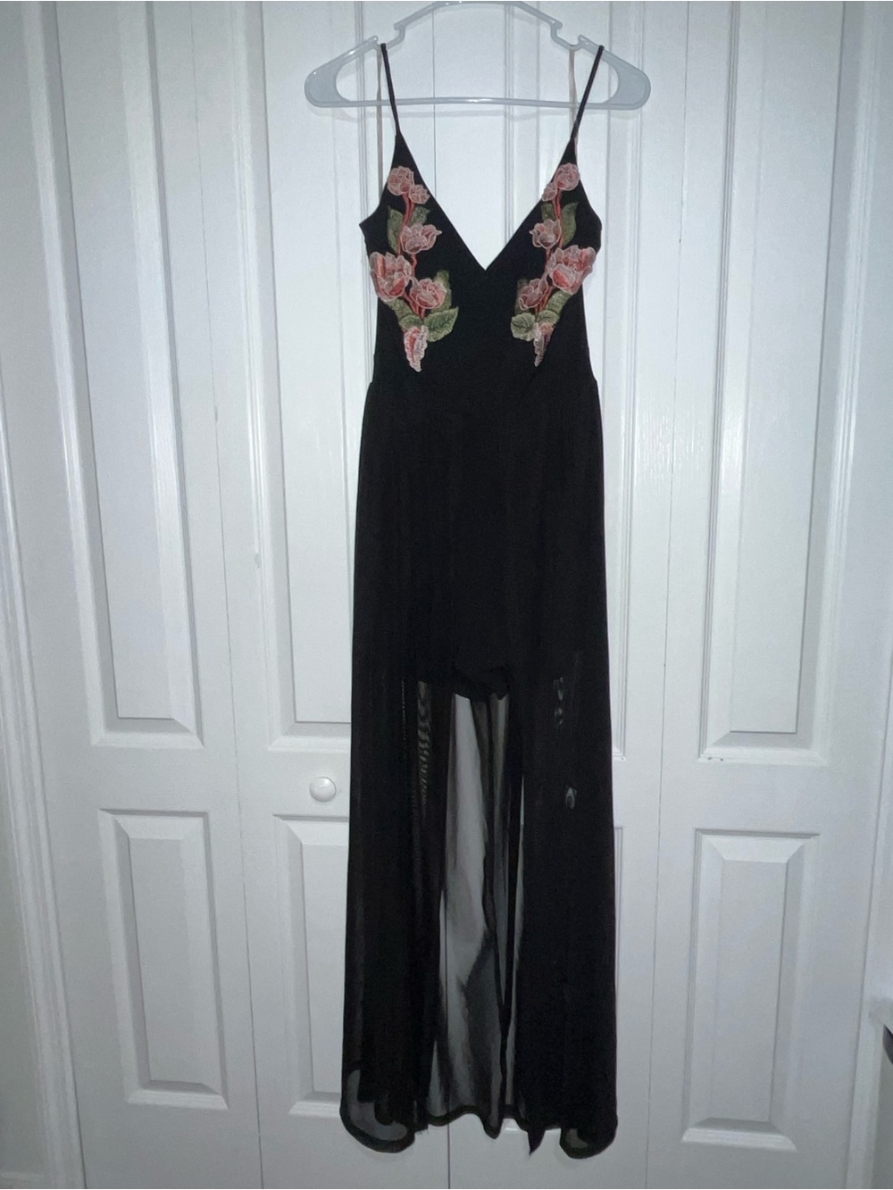 Charlotte Russe Black Maxi Dress with Pink Rose Embroidery